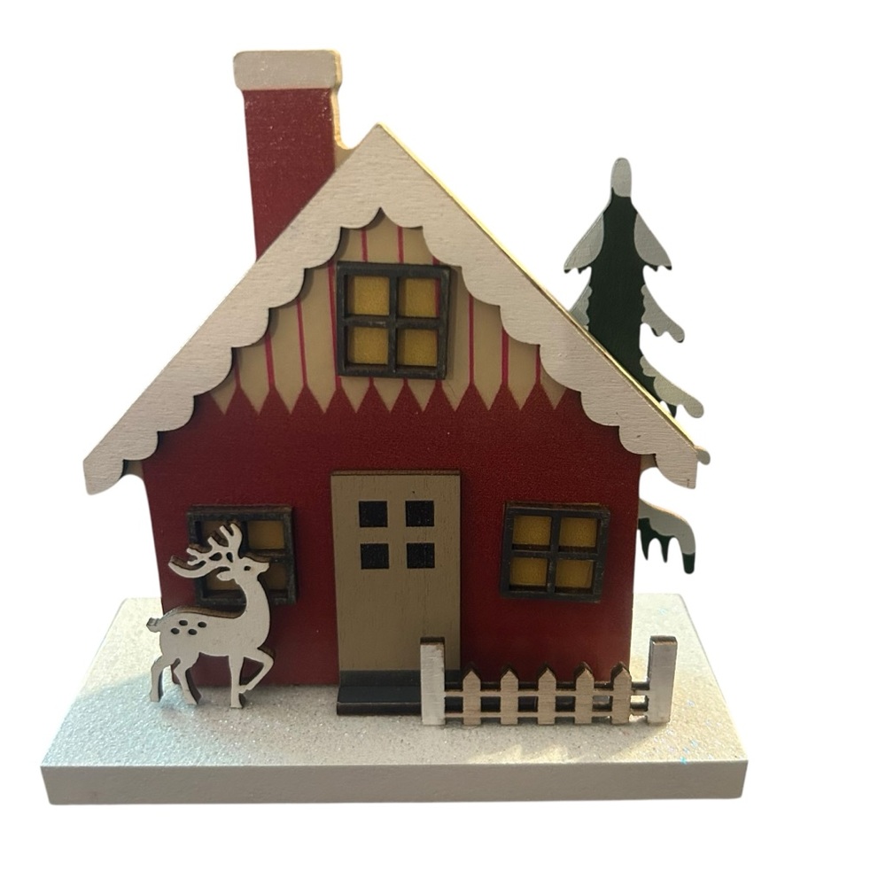 Wooden Christmas House Deer Tree Figurine‎ Tabletop Decoration